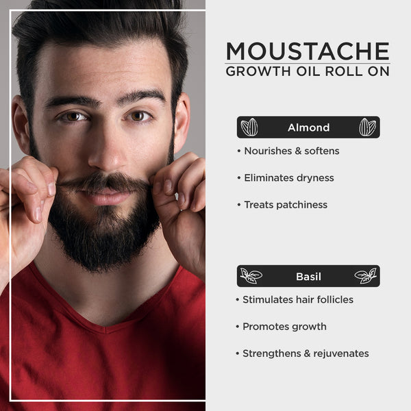 Moustache Growth oil roll on. Nourishes & softens. Eliminates dryness. Treats patchiness. Stimulates hair follicles. Promotes growth. Strengthens & Rejuvenates.